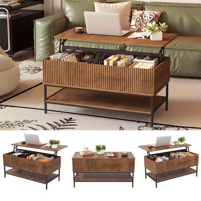 Table basse rectangulaire relevable de 39,4 pouces, style ferme avec rangement caché et étagère inférieure, convient pour le salon, marron vintage