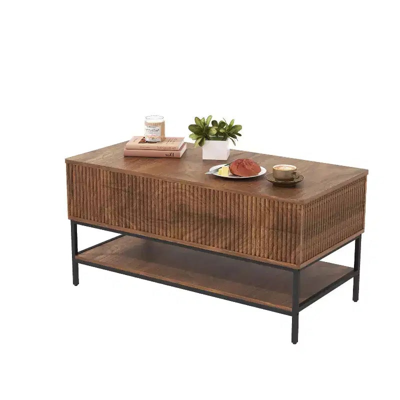 Table basse rectangulaire relevable de 39,4 pouces, style ferme avec rangement caché et étagère inférieure, convient pour le salon, marron vintage
