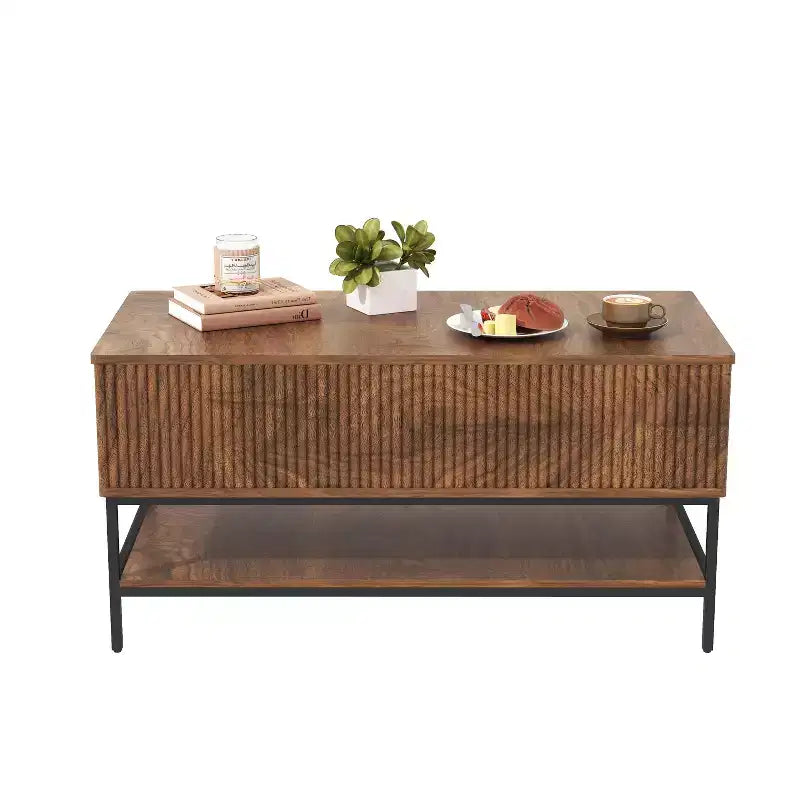 Table basse rectangulaire relevable de 39,4 pouces, style ferme avec rangement caché et étagère inférieure, convient pour le salon, marron vintage