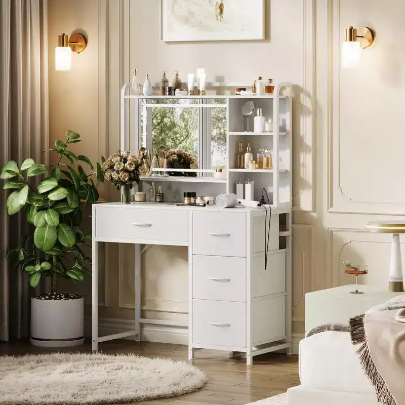 Coiffeuse avec miroir et lumières, Table de maquillage avec 4 tiroirs en tissu et étagères de rangement, Lumières LED réglables, Coiffeuse