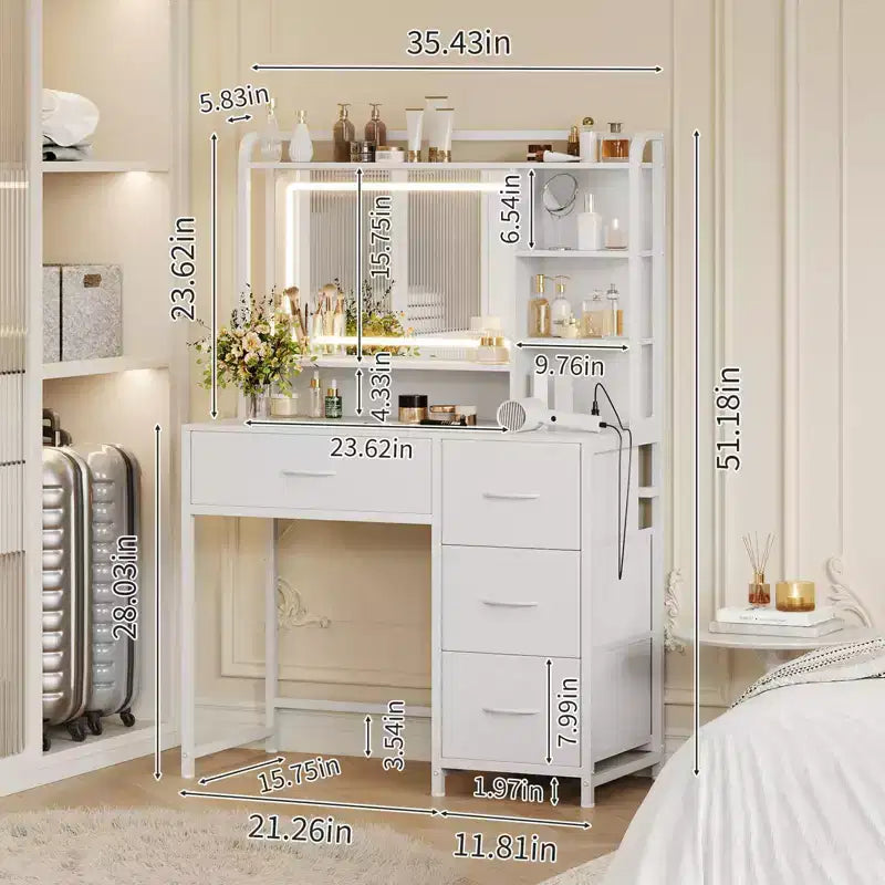 Coiffeuse avec miroir et lumières, Table de maquillage avec 4 tiroirs en tissu et étagères de rangement, Lumières LED réglables, Coiffeuse