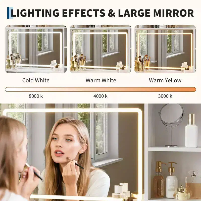 Coiffeuse avec miroir et lumières, Table de maquillage avec 4 tiroirs en tissu et étagères de rangement, Lumières LED réglables, Coiffeuse