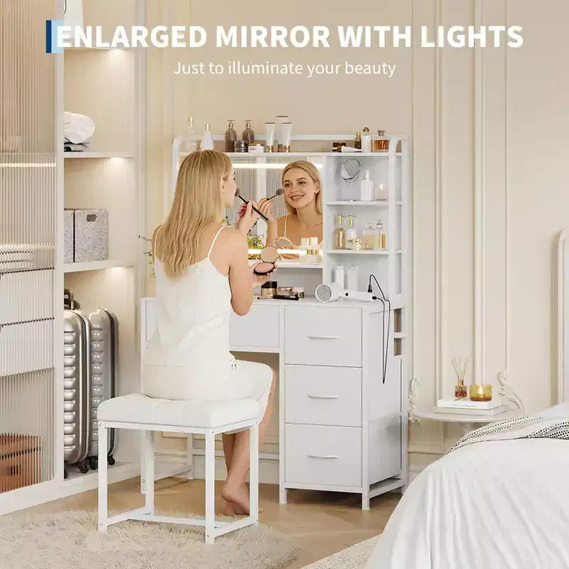 Coiffeuse avec miroir et lumières, Table de maquillage avec 4 tiroirs en tissu et étagères de rangement, Lumières LED réglables, Coiffeuse