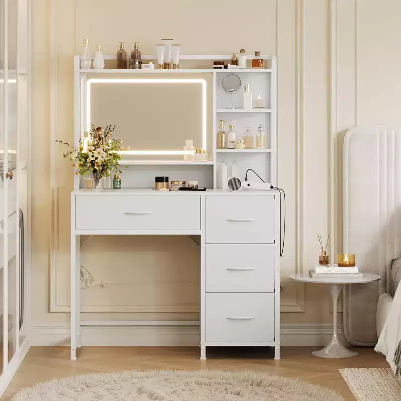 Coiffeuse avec miroir et lumières, Table de maquillage avec 4 tiroirs en tissu et étagères de rangement, Lumières LED réglables, Coiffeuse