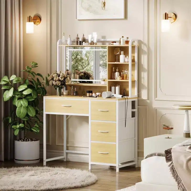 Coiffeuse avec miroir et lumières, Table de maquillage avec 4 tiroirs en tissu et étagères de rangement, Lumières LED réglables, Coiffeuse