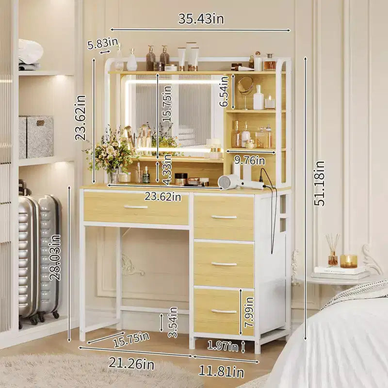 Coiffeuse avec miroir et lumières, Table de maquillage avec 4 tiroirs en tissu et étagères de rangement, Lumières LED réglables, Coiffeuse