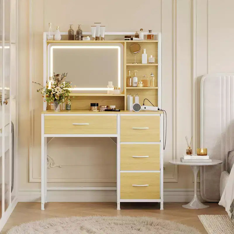 Coiffeuse avec miroir et lumières, Table de maquillage avec 4 tiroirs en tissu et étagères de rangement, Lumières LED réglables, Coiffeuse