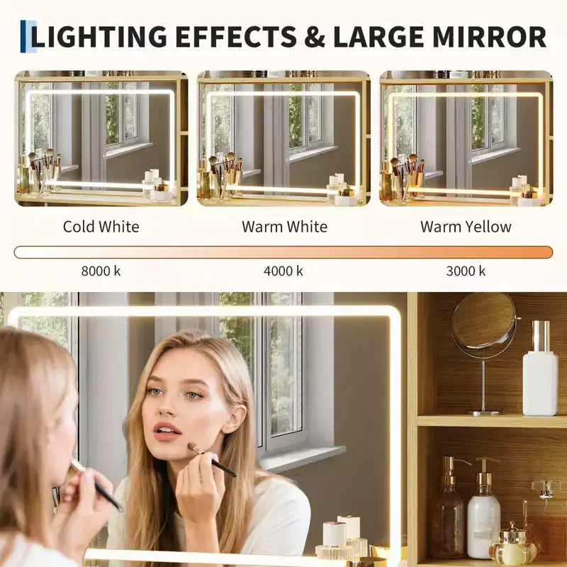 Coiffeuse avec miroir et lumières, Table de maquillage avec 4 tiroirs en tissu et étagères de rangement, Lumières LED réglables, Coiffeuse