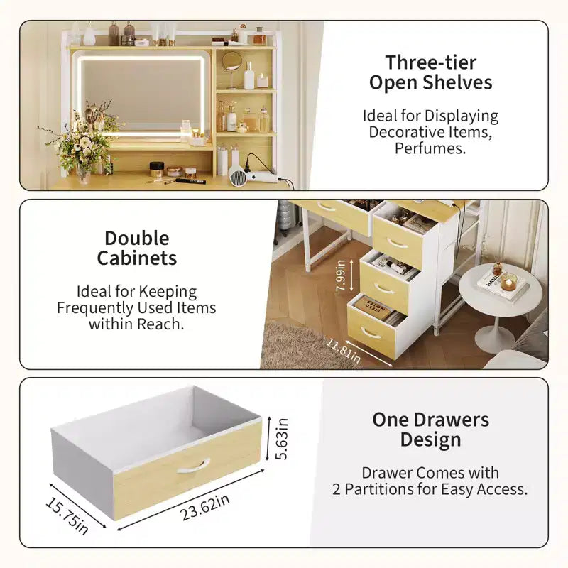 Coiffeuse avec miroir et lumières, Table de maquillage avec 4 tiroirs en tissu et étagères de rangement, Lumières LED réglables, Coiffeuse