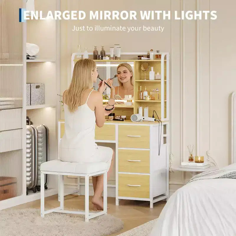 Coiffeuse avec miroir et lumières, Table de maquillage avec 4 tiroirs en tissu et étagères de rangement, Lumières LED réglables, Coiffeuse