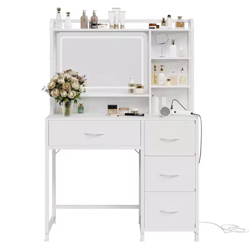 Coiffeuse avec miroir et lumières, Table de maquillage avec 4 tiroirs en tissu et étagères de rangement, Lumières LED réglables, Coiffeuse