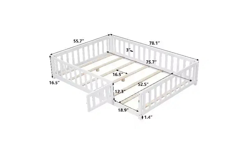 Lit plateforme complet pour enfants avec barrière de sécurité et portes ouvrantes, Cadre de lit au sol, Lit pour tout-petits en bois multi-usage