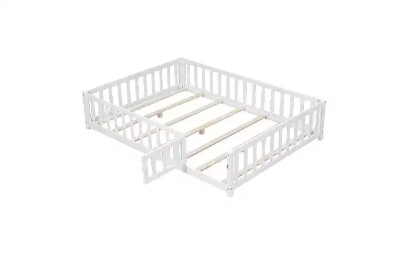 Lit plateforme complet pour enfants avec barrière de sécurité et portes ouvrantes, Cadre de lit au sol, Lit pour tout-petits en bois multi-usage
