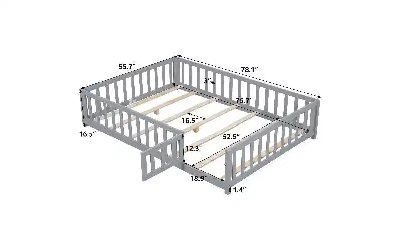 Lit plateforme complet pour enfants avec barrière de sécurité et portes ouvrantes, Cadre de lit au sol, Lit pour tout-petits en bois multi-usage
