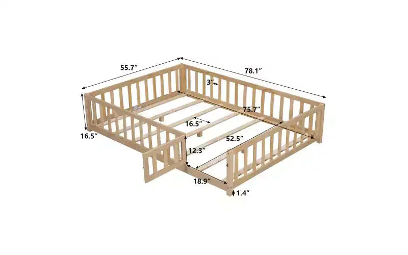 Lit plateforme complet pour enfants avec barrière de sécurité et portes ouvrantes, Cadre de lit au sol, Lit pour tout-petits en bois multi-usage