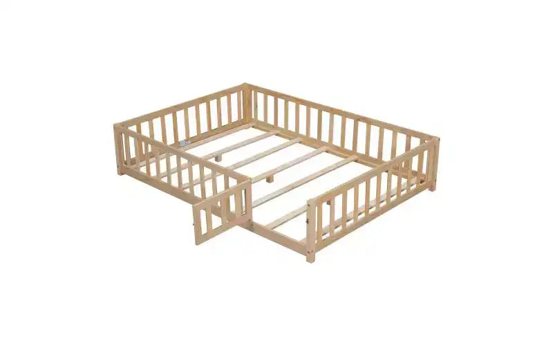 Lit plateforme complet pour enfants avec barrière de sécurité et portes ouvrantes, Cadre de lit au sol, Lit pour tout-petits en bois multi-usage