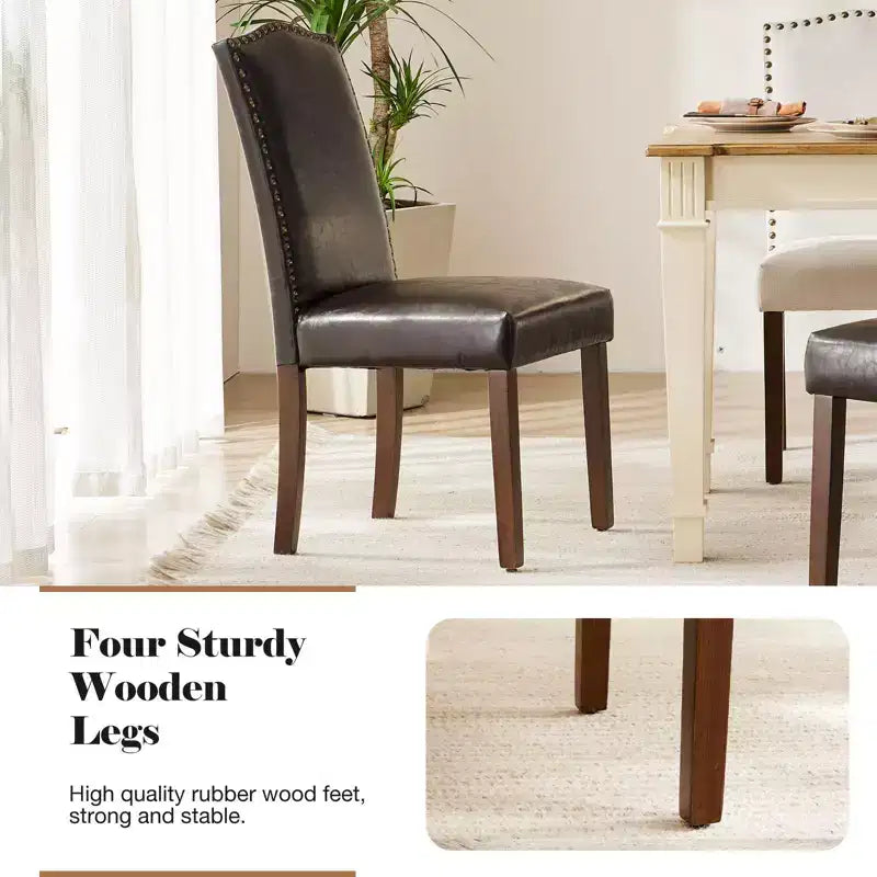 Lot de 2 chaises de salle à manger modernes sans accoudoirs avec revêtement en tissu, bordure cloutée et pieds en bois