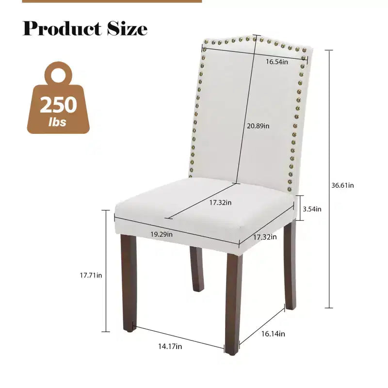 Lot de 2 chaises de salle à manger modernes sans accoudoirs avec revêtement en tissu, bordure cloutée et pieds en bois