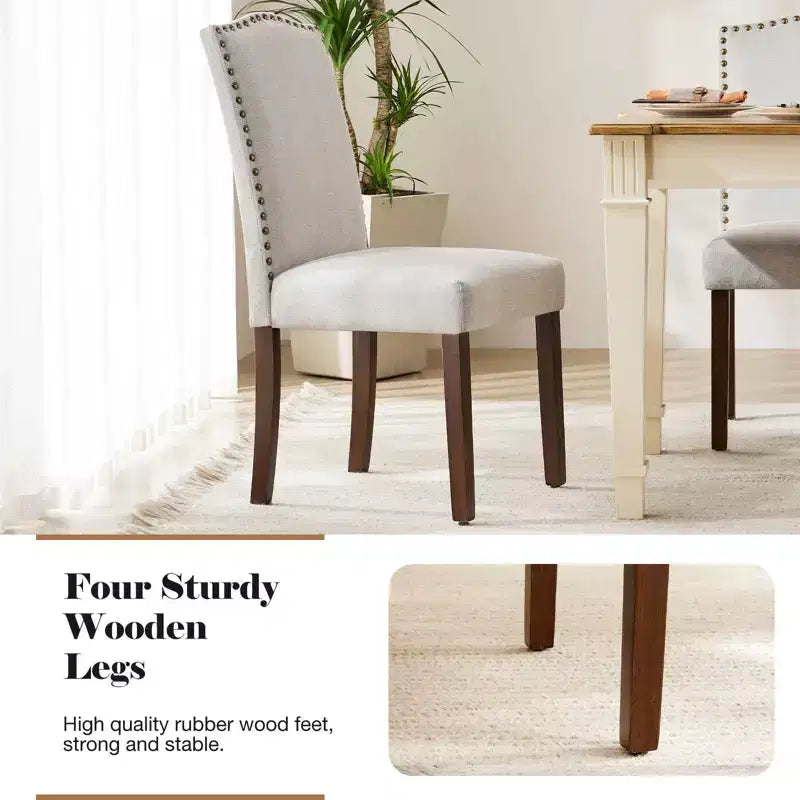 Lot de 2 chaises de salle à manger modernes sans accoudoirs avec revêtement en tissu, bordure cloutée et pieds en bois