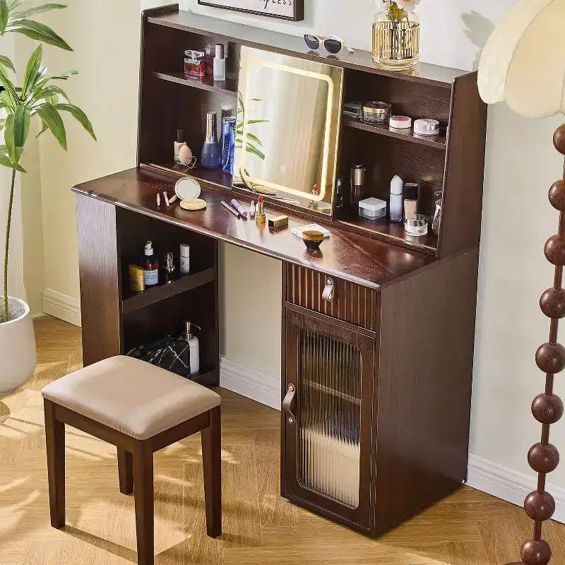 Coiffeuse élégante avec miroir réglable 3 modes, coiffeuse avec grandes étagères et tabouret rembourré, table de toilette pour la maison, Noyer