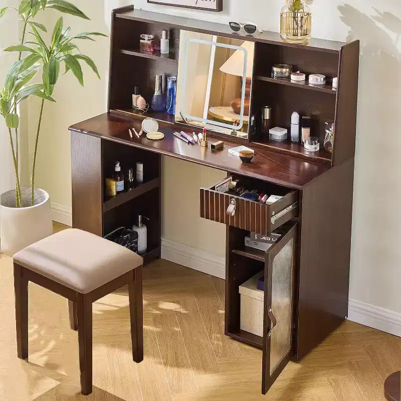Coiffeuse élégante avec miroir réglable 3 modes, coiffeuse avec grandes étagères et tabouret rembourré, table de toilette pour la maison, Noyer