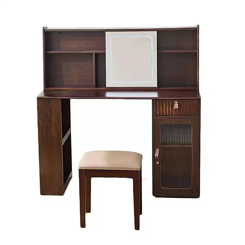 Coiffeuse élégante avec miroir réglable 3 modes, coiffeuse avec grandes étagères et tabouret rembourré, table de toilette pour la maison, Noyer