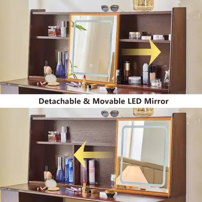Coiffeuse élégante avec miroir réglable 3 modes, coiffeuse avec grandes étagères et tabouret rembourré, table de toilette pour la maison, Noyer