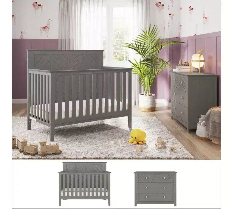 Ensemble de chambre de bébé 2 pièces, comprend un lit convertible 4-en-1 et une commode à 3 tiroirs