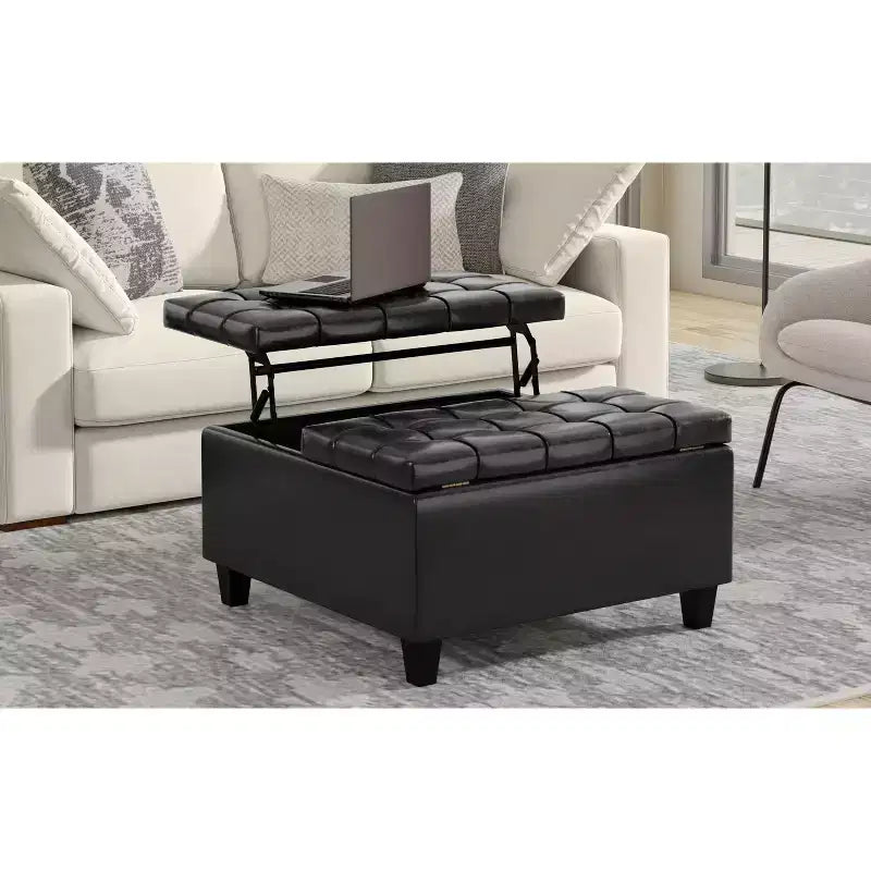 Petit pouf-coffre de rangement carré en cuir végétalien