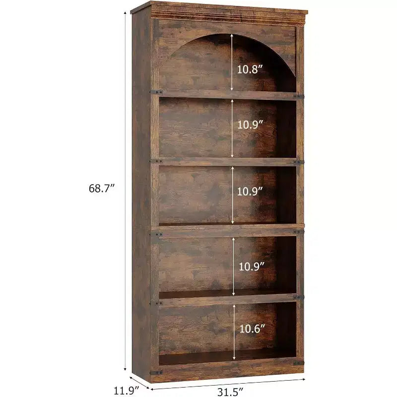 Bibliothèque de rangement arquée à 5 étagères, aspect bois rustique avec protections d'angle en métal pour salon, bureau