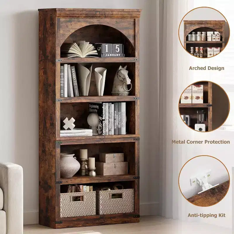 Bibliothèque de rangement arquée à 5 étagères, aspect bois rustique avec protections d'angle en métal pour salon, bureau