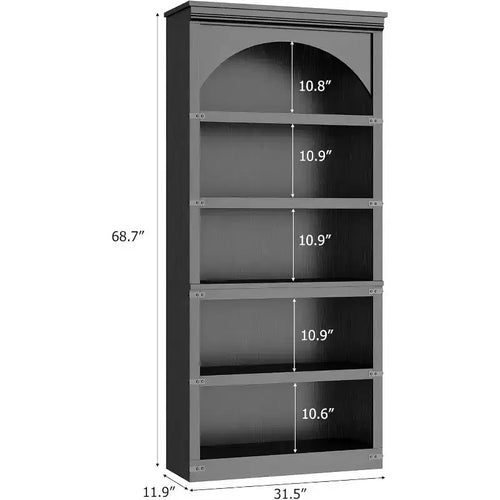 Bibliothèque de rangement arquée à 5 étagères, aspect bois rustique avec protections d'angle en métal pour salon, bureau
