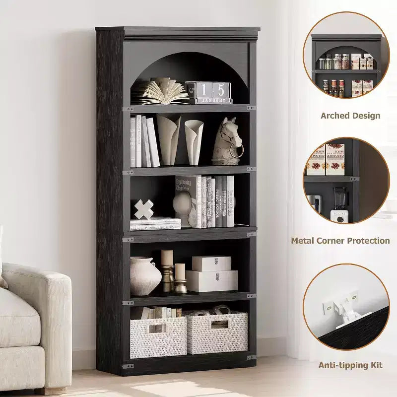 Bibliothèque de rangement arquée à 5 étagères, aspect bois rustique avec protections d'angle en métal pour salon, bureau