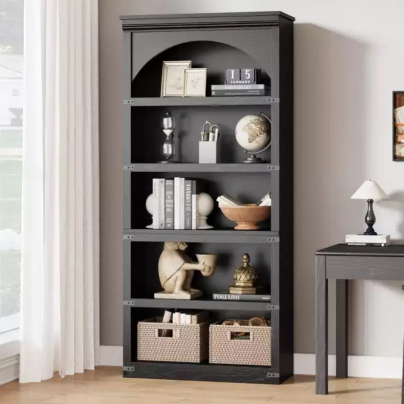 Bibliothèque de rangement arquée à 5 étagères, aspect bois rustique avec protections d'angle en métal pour salon, bureau