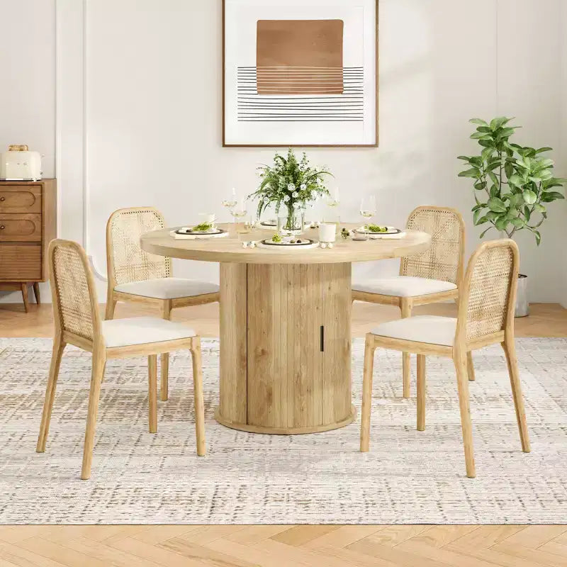 Table à manger ronde de 109 cm, 4 places, table de cuisine compacte en bois avec base en métal robuste, convient aux salles à manger, finition naturelle