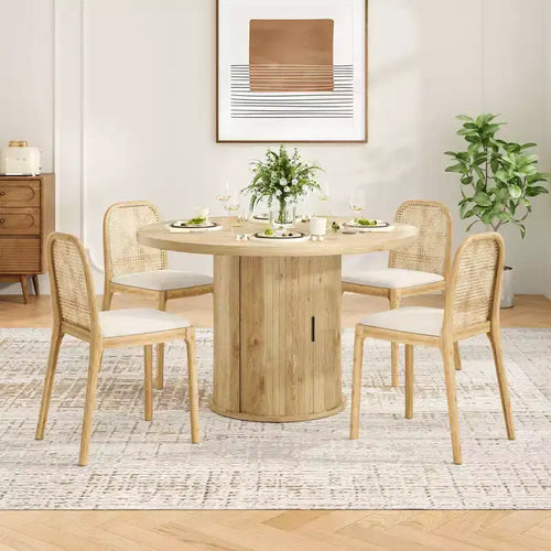 Table à manger ronde de 109 cm, 4 places, table de cuisine compacte en bois avec base en métal robuste, convient aux salles à manger, finition naturelle