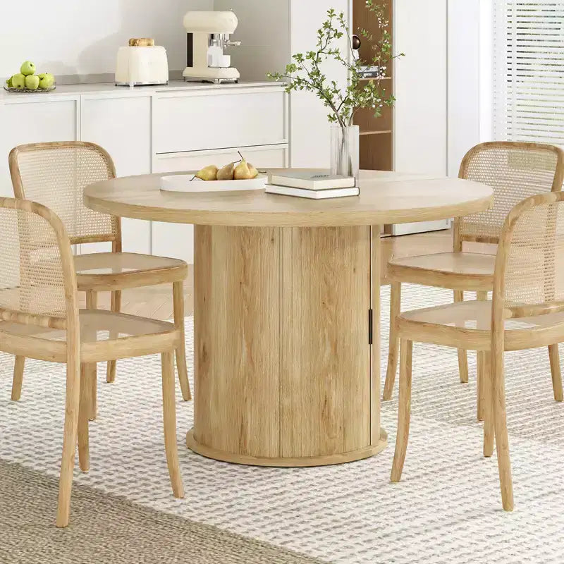 Table à manger ronde de 109 cm, 4 places, table de cuisine compacte en bois avec base en métal robuste, convient aux salles à manger, finition naturelle