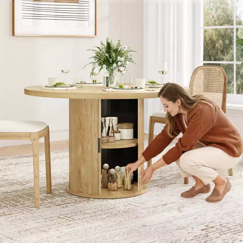 Table à manger ronde de 109 cm, 4 places, table de cuisine compacte en bois avec base en métal robuste, convient aux salles à manger, finition naturelle