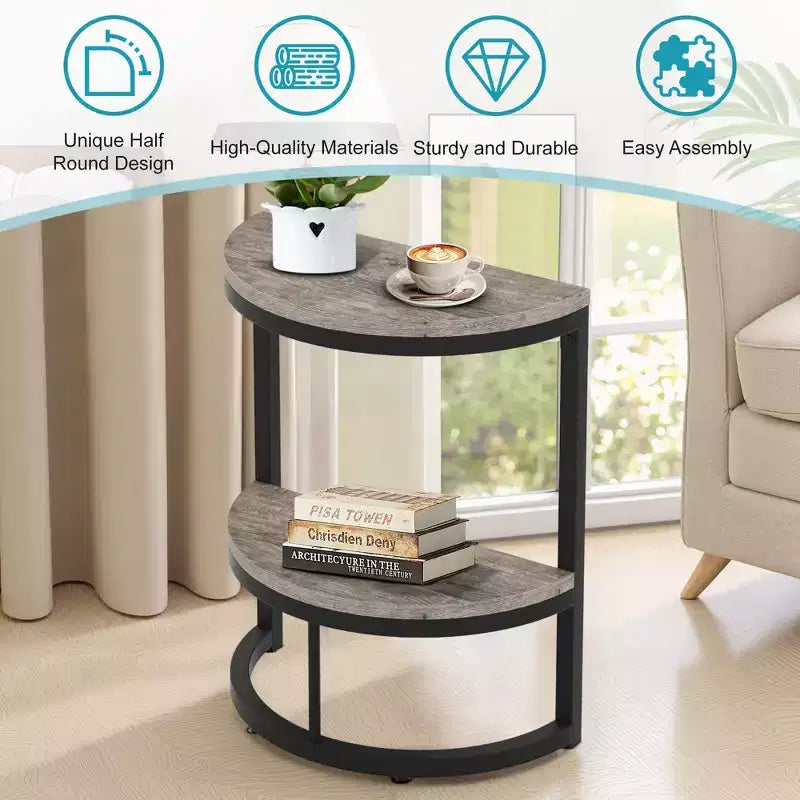 Table d'appoint demi-lune, petite table d'appoint minimaliste pour canapé et chevet, hauteur 60 cm, gris+noir