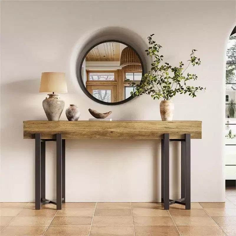 Console de 160 cm, table de canapé industrielle avec cadre en métal noir pour entrée, salon, hall, marron rustique