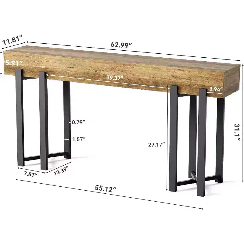 Console de 160 cm, table de canapé industrielle avec cadre en métal noir pour entrée, salon, hall, marron rustique