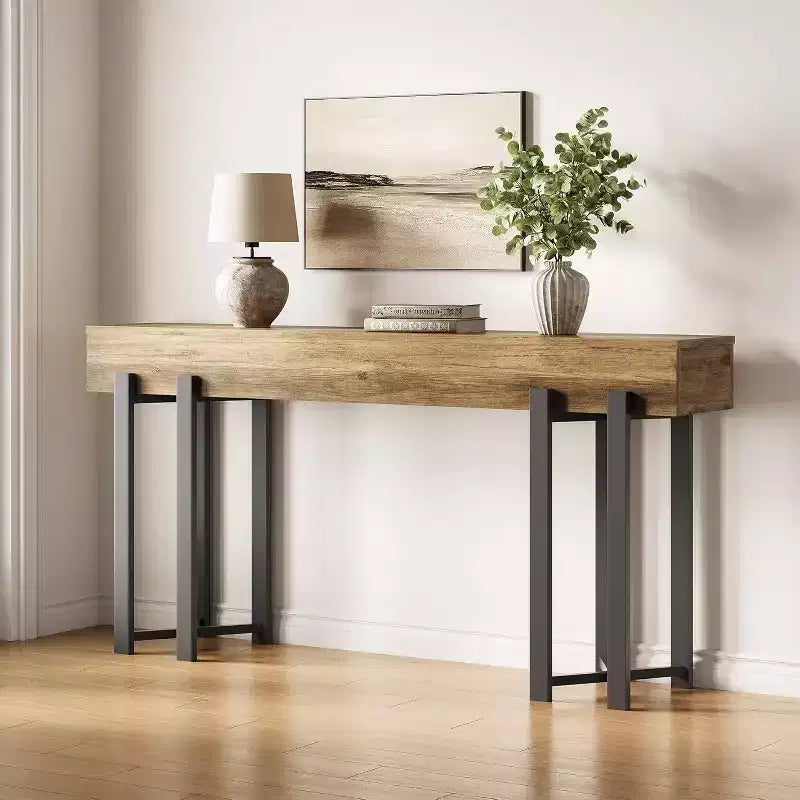 Console de 160 cm, table de canapé industrielle avec cadre en métal noir pour entrée, salon, hall, marron rustique