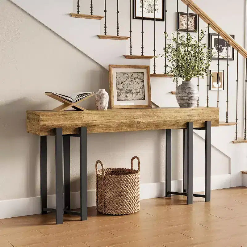 Console de 160 cm, table de canapé industrielle avec cadre en métal noir pour entrée, salon, hall, marron rustique