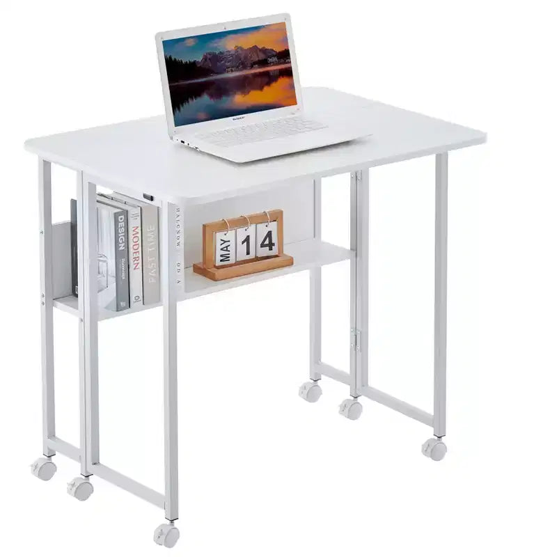 Bureau d'écriture pliable, table d'ordinateur pliable avec roulettes, plateau en MDF, cadre en fer, bureau d'étude pour bureau à domicile, chambre à coucher, salle de jeux