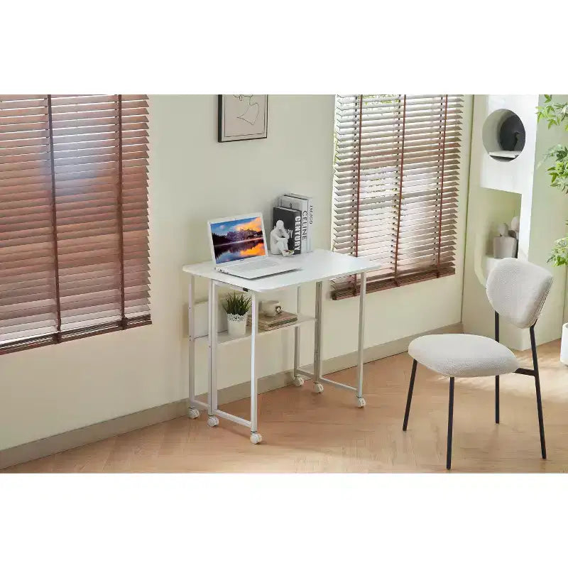 Bureau d'écriture pliable, table d'ordinateur pliable avec roulettes, plateau en MDF, cadre en fer, bureau d'étude pour bureau à domicile, chambre à coucher, salle de jeux