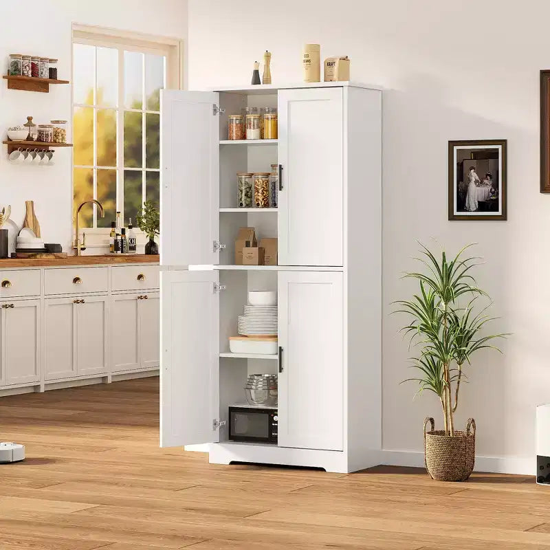 Meuble Colonne Autonome avec 4 Portes et Étagères Réglables, Organisateur en Bois Massif pour Salon, Cuisine,, Salle de Bain, Design Moderne et Pratique