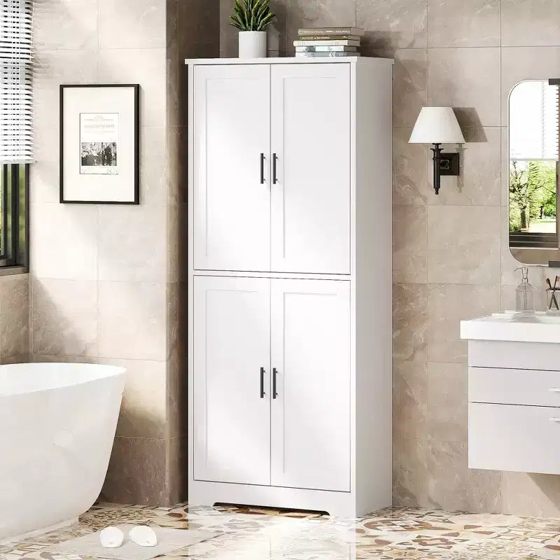Meuble Colonne Autonome avec 4 Portes et Étagères Réglables, Organisateur en Bois Massif pour Salon, Cuisine,, Salle de Bain, Design Moderne et Pratique