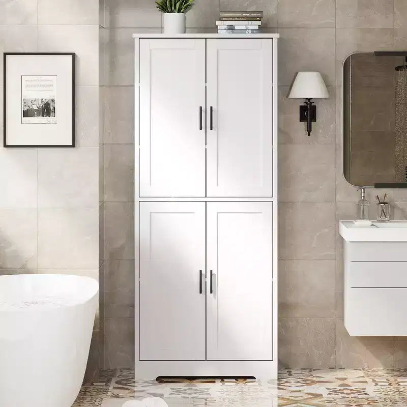 Meuble Colonne Autonome avec 4 Portes et Étagères Réglables, Organisateur en Bois Massif pour Salon, Cuisine,, Salle de Bain, Design Moderne et Pratique