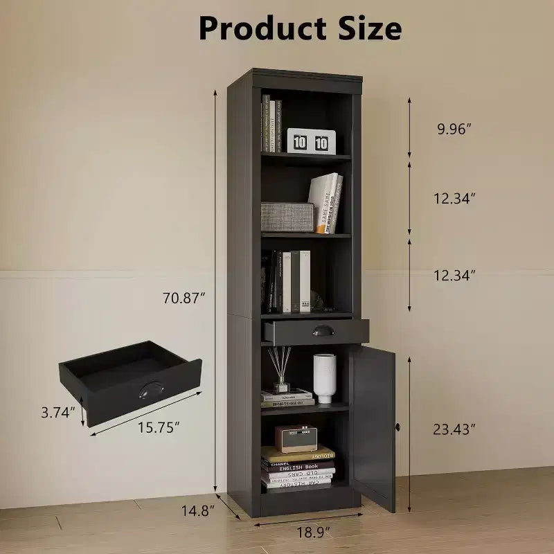 Bibliothèque haute et étroite de 71", étagère ouverte à 3 niveaux avec tiroir coulissant et étagère réglable, armoire à porte unique pour bureau à domicile