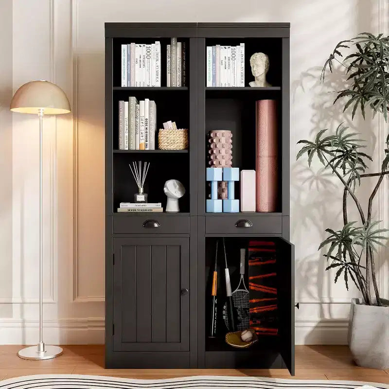 Bibliothèque haute et étroite de 71", étagère ouverte à 3 niveaux avec tiroir coulissant et étagère réglable, armoire à porte unique pour bureau à domicile
